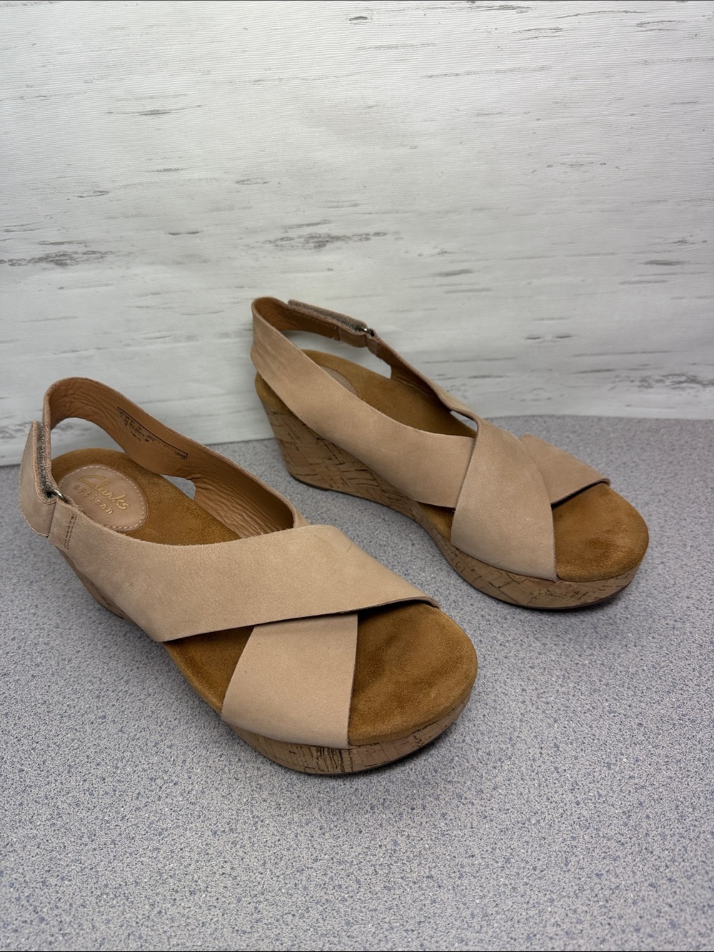 Clarks Taupe Crossover Wedge Sandals